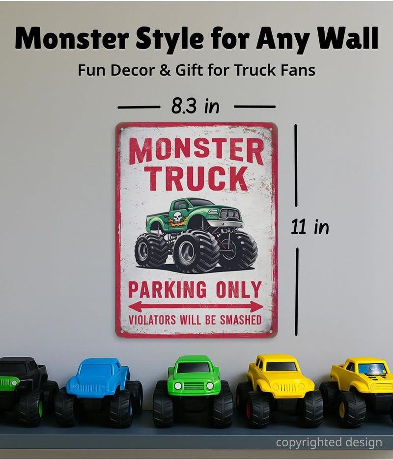 Opix Design Monster Truck Parking Only Sign – Monster Truck Room Decor for Boys Room, Funny Monster Jam Poster, Monster Truck Poster Sign, Car Decor for Boys Bedroom, 11x8.3” Aluminum by Opix Design, Race Car & Truck Theme Room Decoration - Image 3