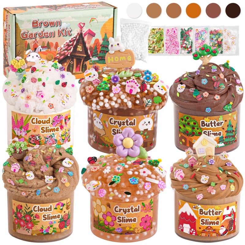LAWOHO 6 Packs Brown Slime Kit - Cloud, Butter & Clear Slimes with Garden Add-ins, Crunchy Slime for Kids Party Favors for Girls and Boys, 360ml Slime Kits Birthday Halloween Christmas Easter Gifts - Image 1