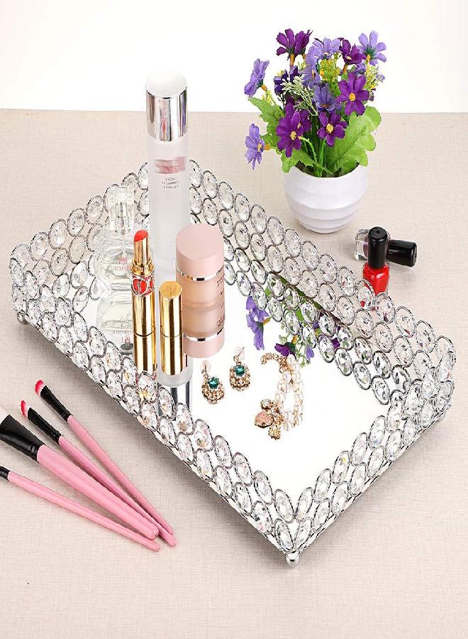 Hipiwe Crystal Cosmetic Vanity Tray, Mirrored Decorative Jewelry Organizer Tray for Perfume, Trinket, Makeup Display Dresser Home Decor (Large, Silver) - Image 2