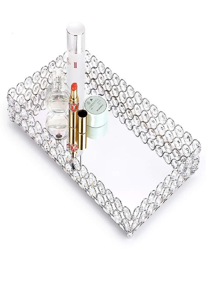 Hipiwe Crystal Cosmetic Vanity Tray, Mirrored Decorative Jewelry Organizer Tray for Perfume, Trinket, Makeup Display Dresser Home Decor (Large, Silver) - Image 3