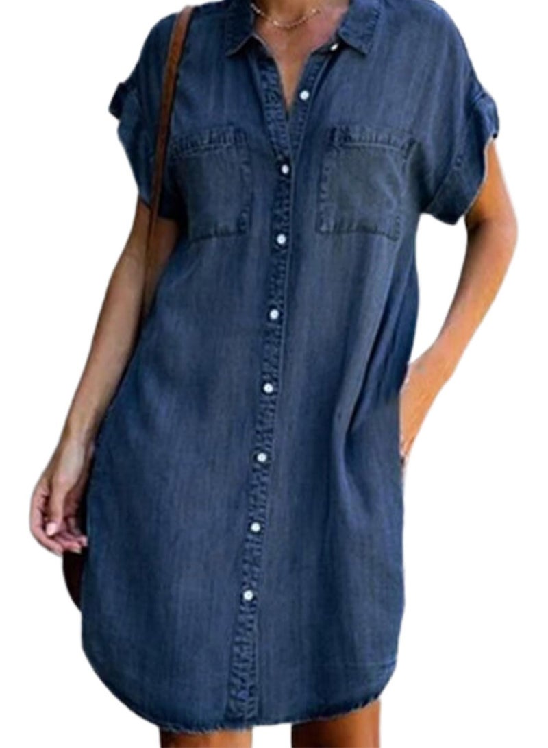 yoeasy Women's Short Sleeve Denim Shirt Midi Dress Button Down Tunic Jean Dress with Pockets (Large, Dark Blue) - Image 1