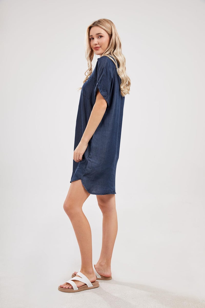 yoeasy Women's Short Sleeve Denim Shirt Midi Dress Button Down Tunic Jean Dress with Pockets (Large, Dark Blue) - Image 3