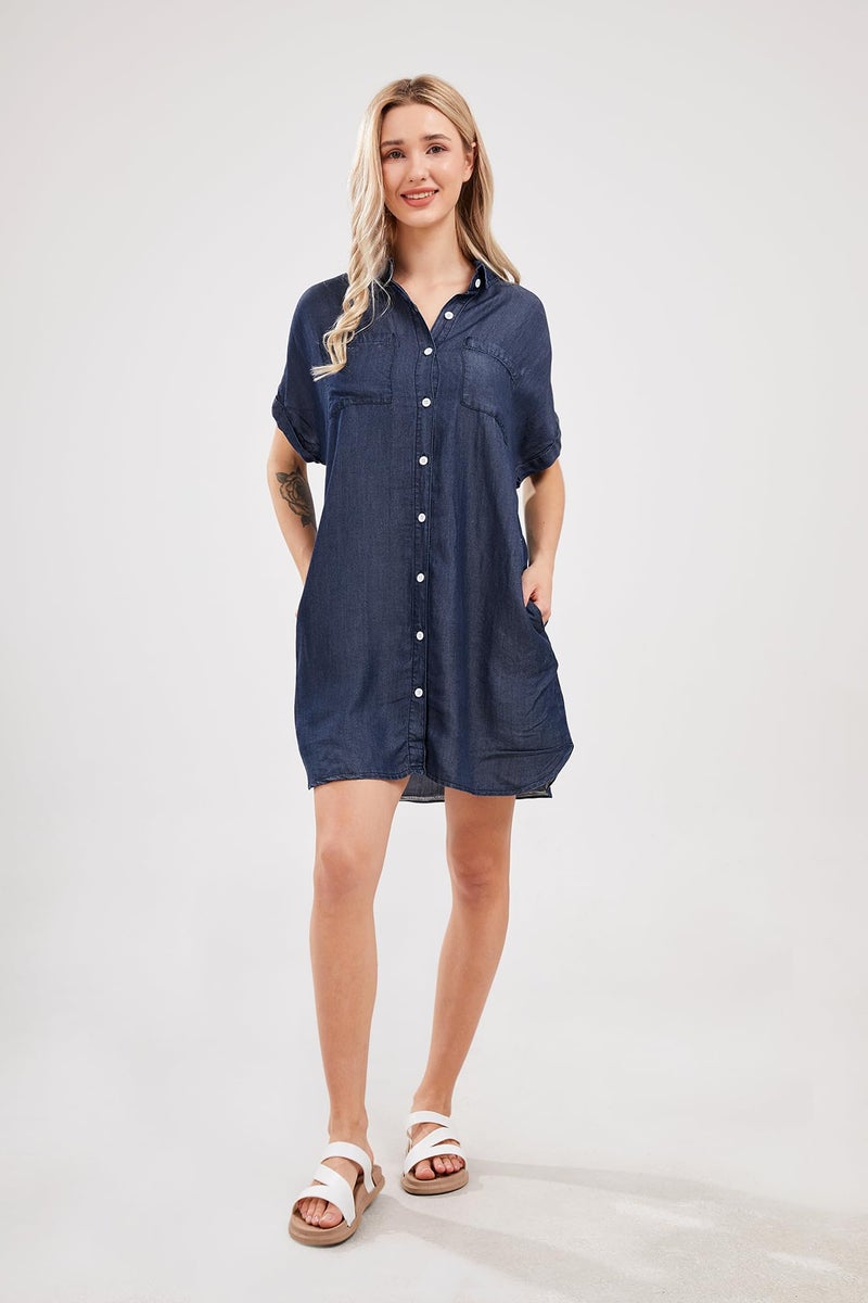 yoeasy Women's Short Sleeve Denim Shirt Midi Dress Button Down Tunic Jean Dress with Pockets (Large, Dark Blue) - Image 4