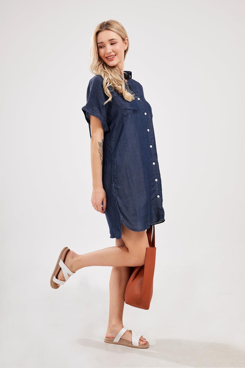 yoeasy Women's Short Sleeve Denim Shirt Midi Dress Button Down Tunic Jean Dress with Pockets (Large, Dark Blue) - Image 2