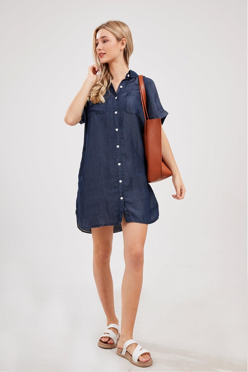 yoeasy Women's Short Sleeve Denim Shirt Midi Dress Button Down Tunic Jean Dress with Pockets (Large, Dark Blue) - Image 5
