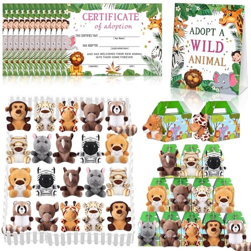 Jiytivity 63 Pcs Safari Jungle Party Favors Include 20 Foldable Paper Boxes 20 Forest Mini Stuffed Animals 20 Adoption Cards 1 Adoption Signs 2 Fence for Jungle Party Supplies Adopt a Jungle Animal Favors - Image 1