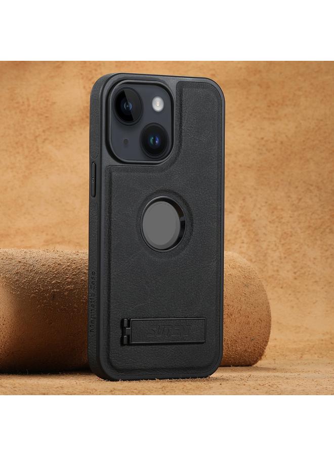 Suteni Case For iPhone 13 G2 Magsafe Litchi Texture Leather Back Phone Case with Holder - Image 1