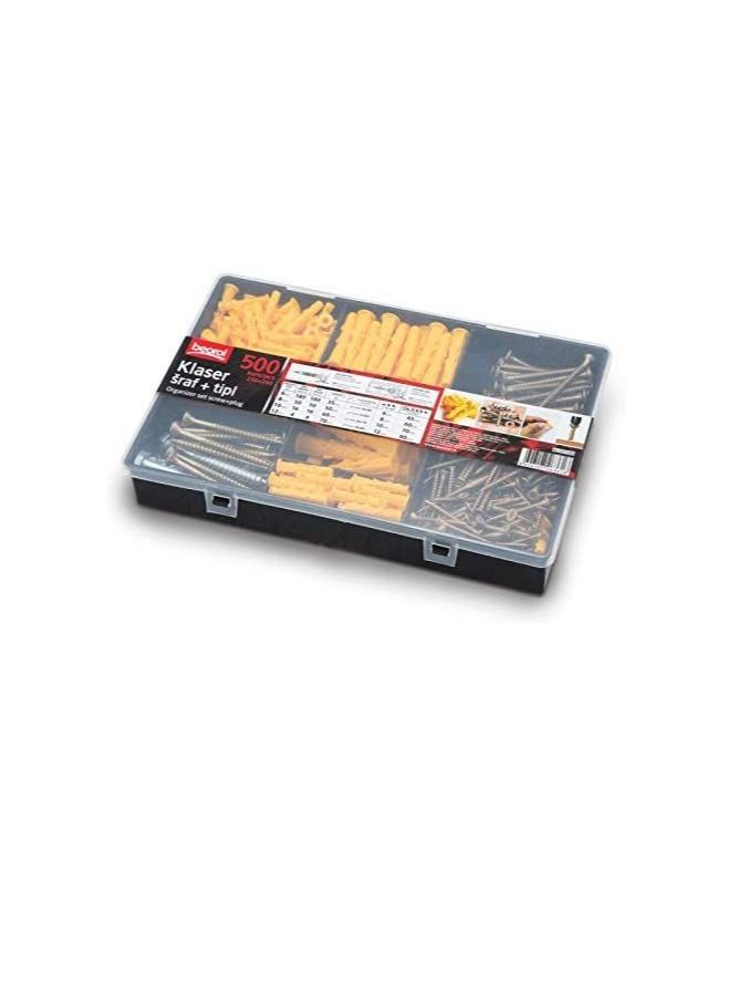 Beorol 500 Piece Screws & Plugs with Compartment Box, Galvanised Screws for Rust Resistance Ideal for Carpenters, Ceramics, Installers, Locksmiths, Plumbers & Home DIY. - KLSST500 - Image 1