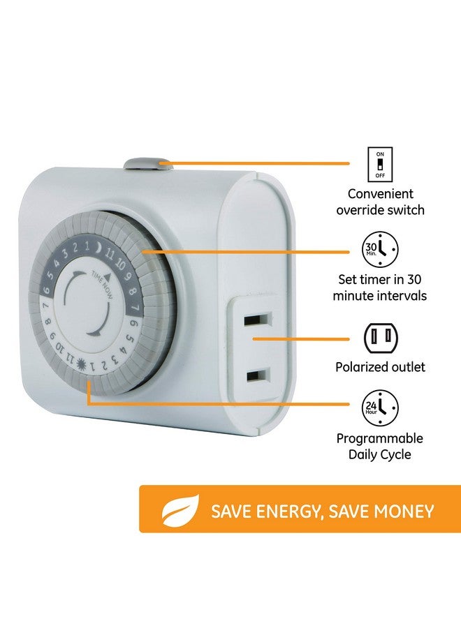 جي إي مجموعة من 3 قطع: مؤقت أساسي داخلي GE لمدة 24 ساعة، منفذ واحد مستقطب، قابس، دورة تشغيل/إيقاف يومية، فاصل زمني 30 دقيقة، للمصابيح والأجهزة الموسمية والمراوح المحمولة، 44801 - Image 2