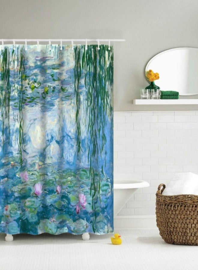IcosaMro Monet Shower Curtain for Bathroom with Hooks, Water Lilies Lotus Watercolor Garden Art Fowers Floral Decorative Long Cloth Fabric Shower Curtain, Blue, 71x72 Inches - Image 2