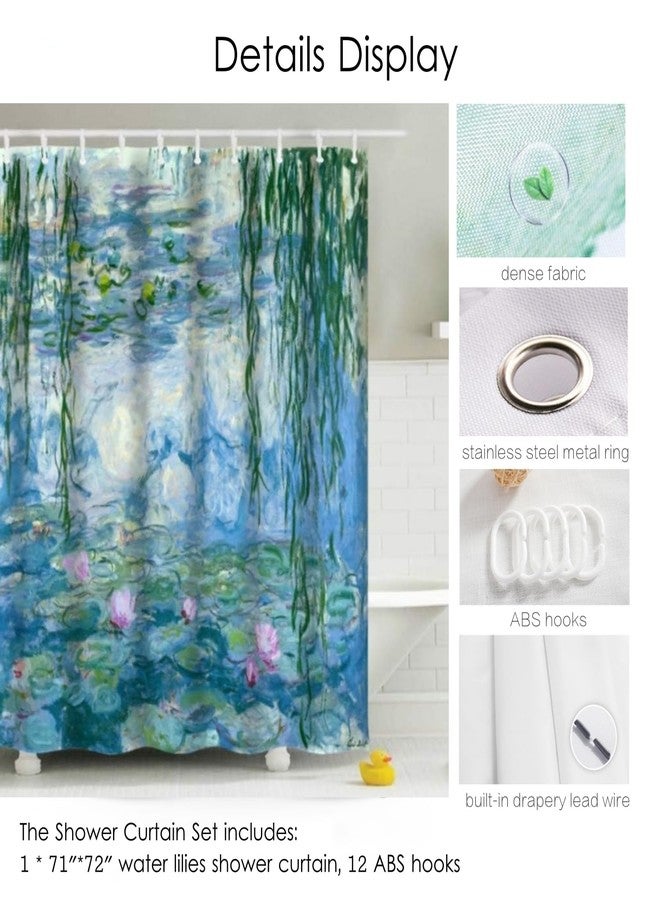 IcosaMro Monet Shower Curtain for Bathroom with Hooks, Water Lilies Lotus Watercolor Garden Art Fowers Floral Decorative Long Cloth Fabric Shower Curtain, Blue, 71x72 Inches - Image 3