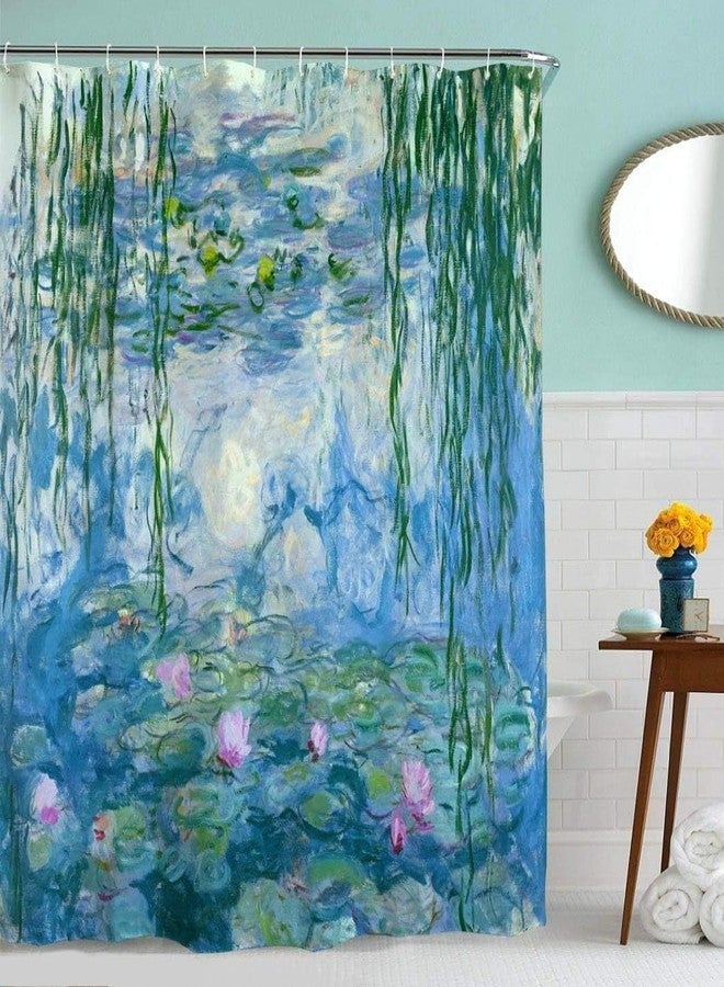 IcosaMro Monet Shower Curtain for Bathroom with Hooks, Water Lilies Lotus Watercolor Garden Art Fowers Floral Decorative Long Cloth Fabric Shower Curtain, Blue, 71x72 Inches - Image 1
