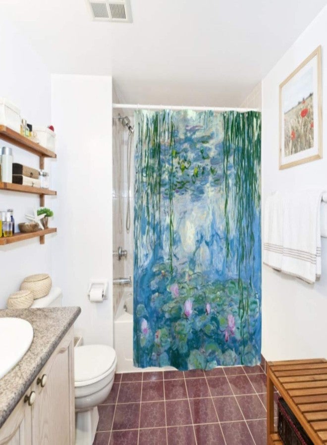 IcosaMro Monet Shower Curtain for Bathroom with Hooks, Water Lilies Lotus Watercolor Garden Art Fowers Floral Decorative Long Cloth Fabric Shower Curtain, Blue, 71x72 Inches - Image 5