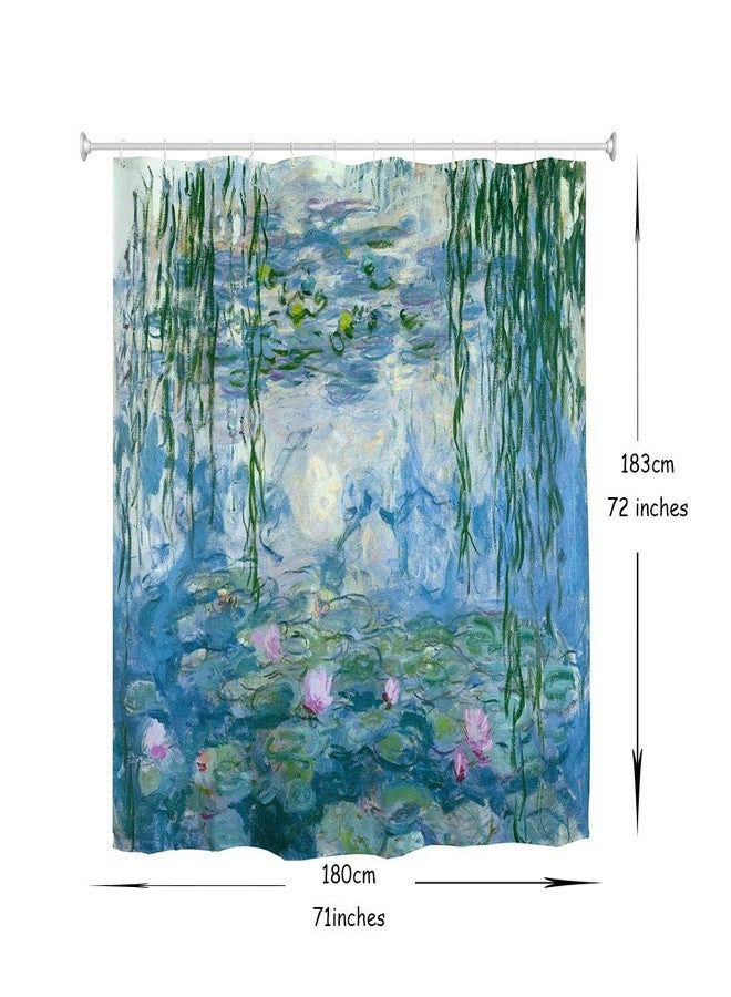 IcosaMro Monet Shower Curtain for Bathroom with Hooks, Water Lilies Lotus Watercolor Garden Art Fowers Floral Decorative Long Cloth Fabric Shower Curtain, Blue, 71x72 Inches - Image 4