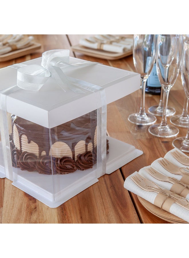 Restaurantware Sweet Vision 8.5 Inch x 6.75 Inch Transparent Cake Boxes, 10 Grease Resistant Base Clear Cake Boxes - White Lid, Gray Ribbon, Plastic Birthday Cake Boxes, For Weddings Or Birthdays - Image 3