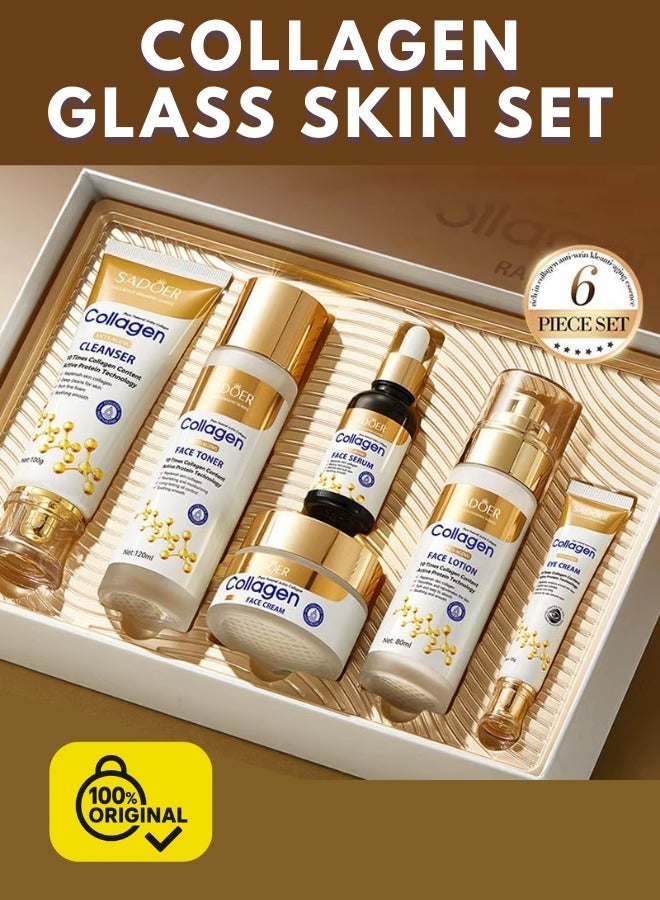 Sadoer Collagen Skin Care Set with Cleanser Toner Cream Serum Face Lotion Eye Cream Glass Skin Secret Whitening Hydrating Anti Aging Moisturizing Brightening - Image 1
