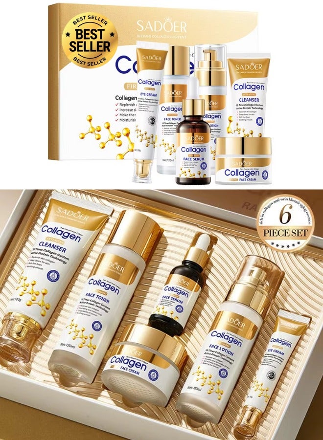 Sadoer Collagen Skin Care Set with Cleanser Toner Cream Serum Face Lotion Eye Cream Glass Skin Secret Whitening Hydrating Anti Aging Moisturizing Brightening - Image 2