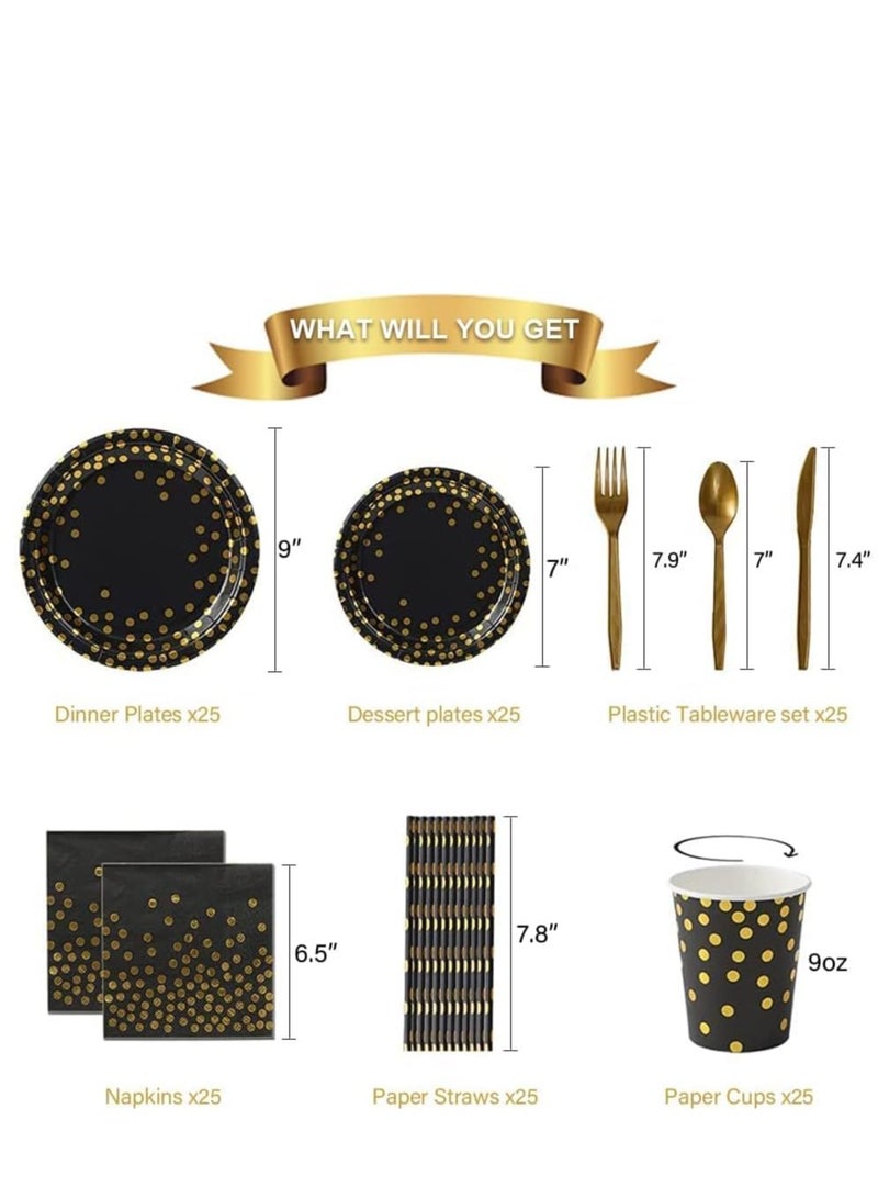TRASSLE Birthday Party Supplies Golden Dots Party Dinnerware Disposable Party Plates Napkins and Cups Sets Serves 25 Guests for Wedding Birthday Party - Image 2