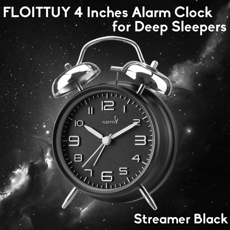 FLOITTUY (إنذار بصوت عال للنوم العميق 4 بوصة منبه مزدوج الجرس وساعة منبه رقمية ستيريو مع إضاءة خلفية لغرفة النوم والديكور المنزلي (غاسل أسود) - Image 2