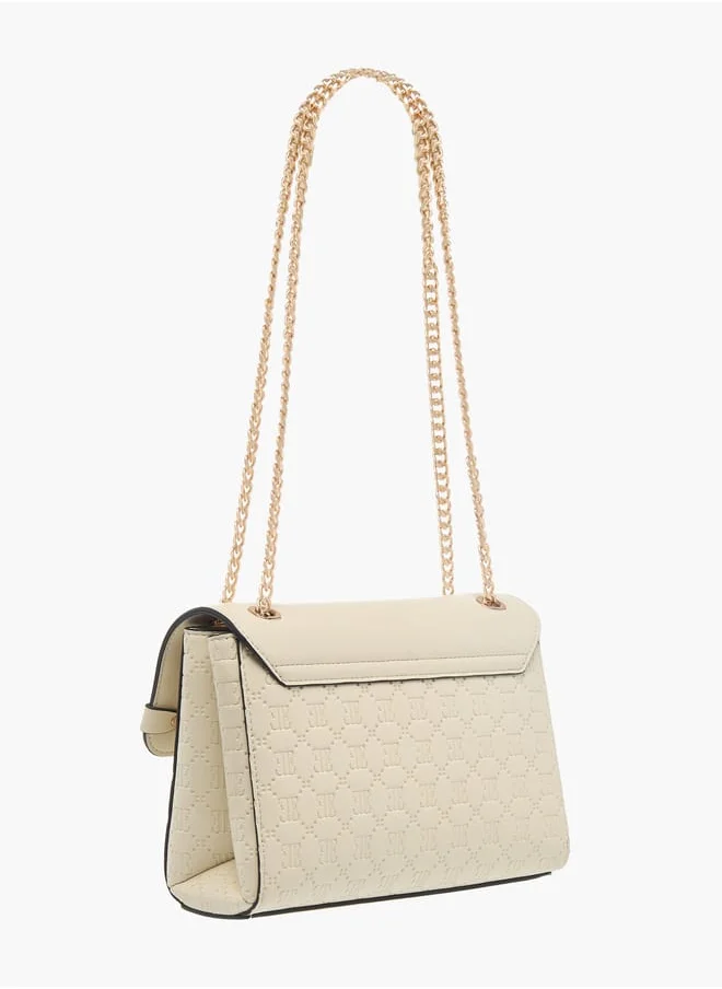 ELLE Womens Monogram Embossed Crossbody Bag With Chain Strap And Twist Lock Closure