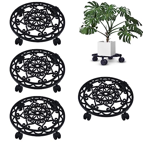 ecofynd Rolla Round Metal Plant Stand for Indoor & Outdoor Pots, Caddy Rolling Wheels Metal Potted Plant Holder for House, Garden & Patio (Pack of 4, Black, PS016) - Image 1