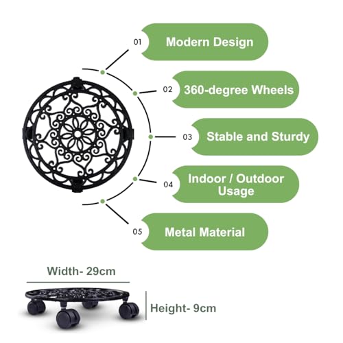 ecofynd Rolla Round Metal Plant Stand for Indoor & Outdoor Pots, Caddy Rolling Wheels Metal Potted Plant Holder for House, Garden & Patio (Pack of 4, Black, PS016) - Image 2