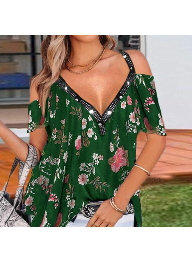 Women's Clothing Europe And The United States Summer Temperament Commuter V-neck Printed Off-shoulder Short Sleeve Top 