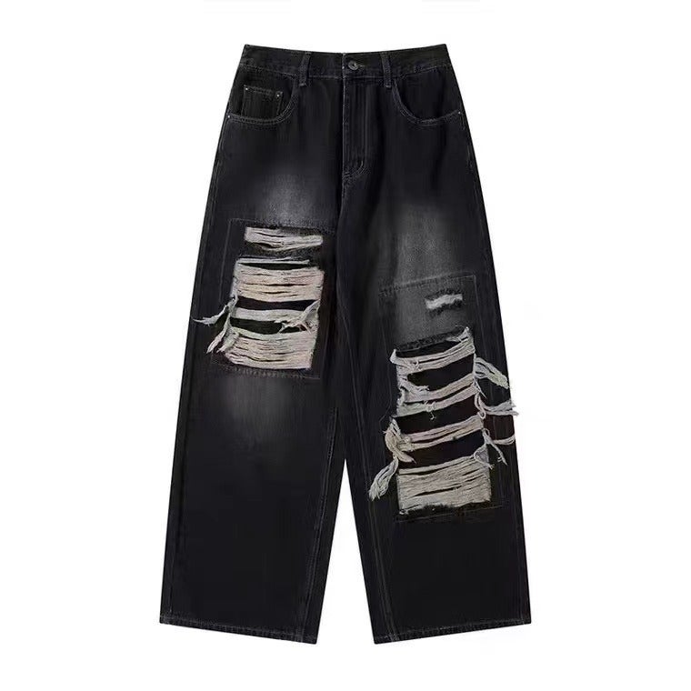 American Street Patch Ripped Jeans Men Loose Straight Denim Blue  - Image 2