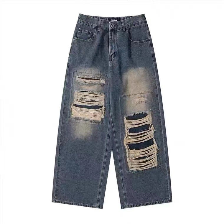 American Street Patch Ripped Jeans Men Loose Straight Denim Blue  - Image 1