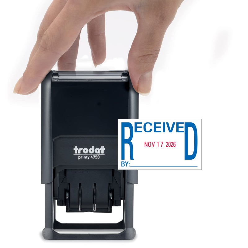Trodat Printy 4750 Date Stamp with English Message Received â€“ Self Inking, Red Ink Date and Blue Ink Text - Image 1