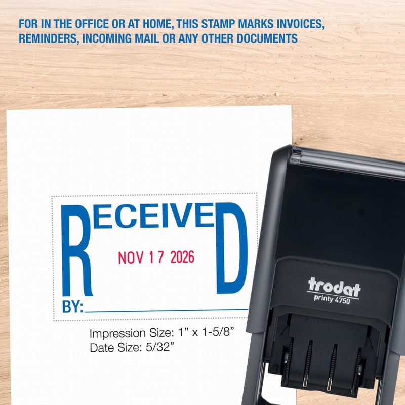 Trodat Printy 4750 Date Stamp with English Message Received â€“ Self Inking, Red Ink Date and Blue Ink Text - Image 3