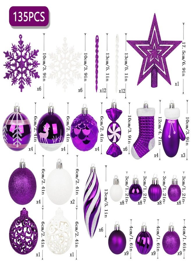 آرت ماج مجموعة زينة كرات عيد الميلاد من Artmag، 135 قطعة، كرات بلاستيكية متنوعة غير قابلة للكسر ومربوطة مسبقًا لتزيين شجرة عيد الميلاد وحفلات الأعياد (بنفسجي) - Image 4