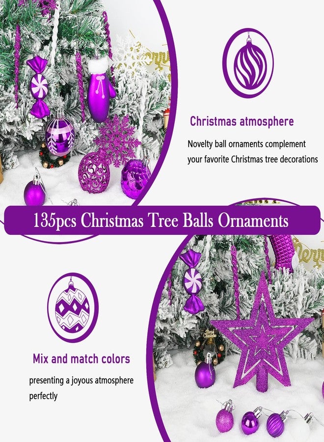 آرت ماج مجموعة زينة كرات عيد الميلاد من Artmag، 135 قطعة، كرات بلاستيكية متنوعة غير قابلة للكسر ومربوطة مسبقًا لتزيين شجرة عيد الميلاد وحفلات الأعياد (بنفسجي) - Image 3
