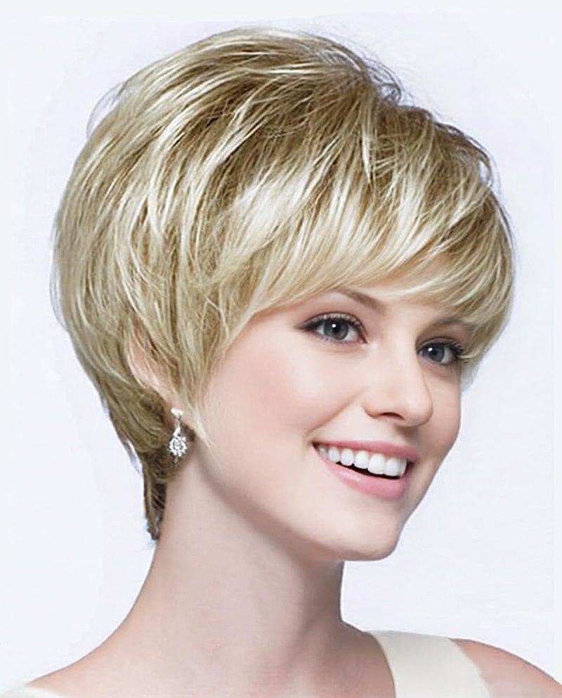 SEVENCOLORS Short Blonde Wigs for White Women Layered Mixed Blond Pixie Cut Wigs with Bangs Synthetic Short Hair Replacement Wigs - Image 1