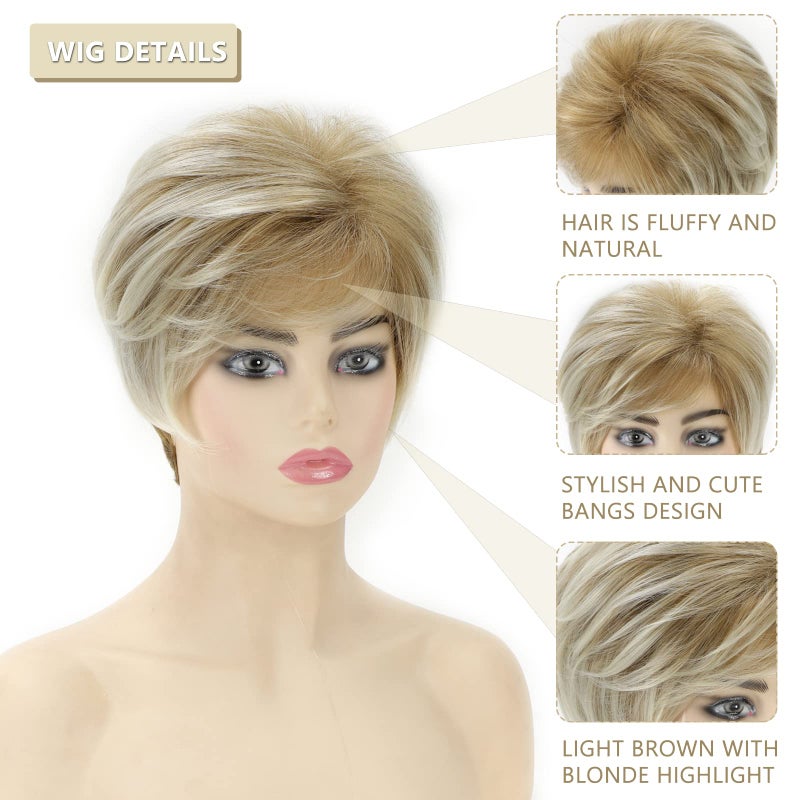 SEVENCOLORS Short Blonde Wigs for White Women Layered Mixed Blond Pixie Cut Wigs with Bangs Synthetic Short Hair Replacement Wigs - Image 3