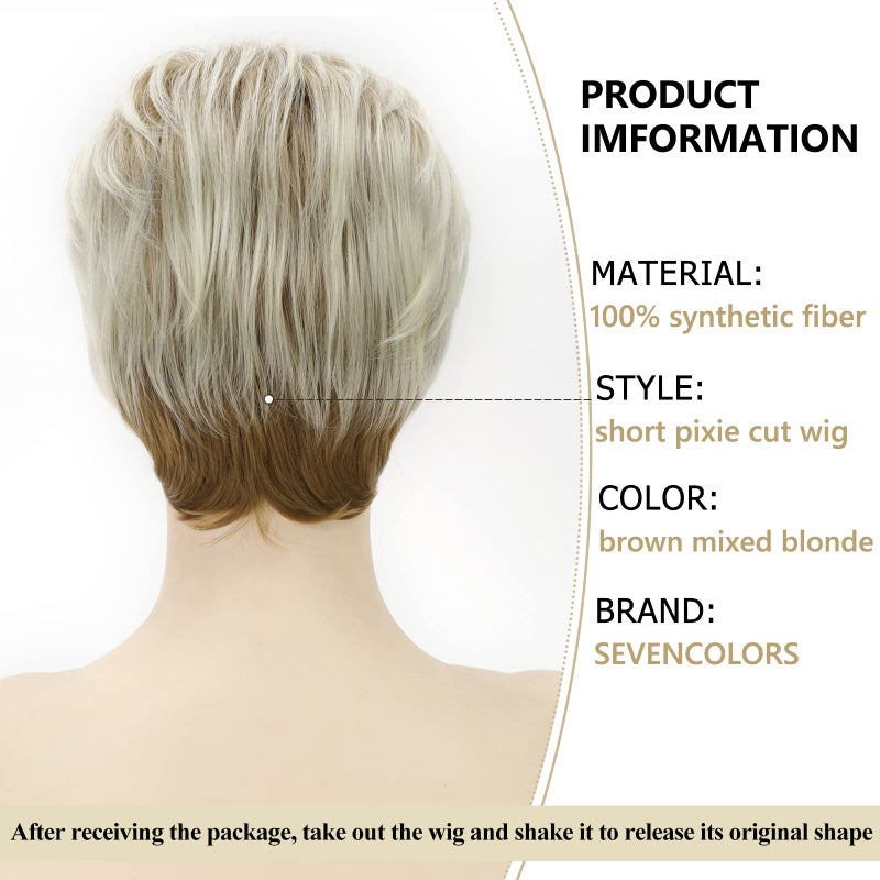 SEVENCOLORS Short Blonde Wigs for White Women Layered Mixed Blond Pixie Cut Wigs with Bangs Synthetic Short Hair Replacement Wigs - Image 4