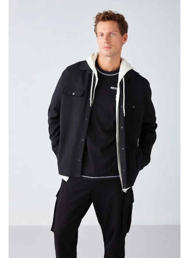 Grimelange Maze Men's Special Textured Thick Fabric Pocket Snap Black Jacket