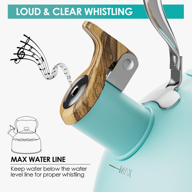 Chefbar 2.6 Quart Tea Kettle Stovetop Whistling for Stove Top, Food Grade Stainless Steel Tea Kettles with Cool Wood Pattern Handle, Blue - Image 3