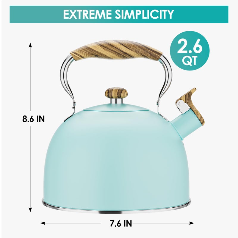 Chefbar 2.6 Quart Tea Kettle Stovetop Whistling for Stove Top, Food Grade Stainless Steel Tea Kettles with Cool Wood Pattern Handle, Blue - Image 2