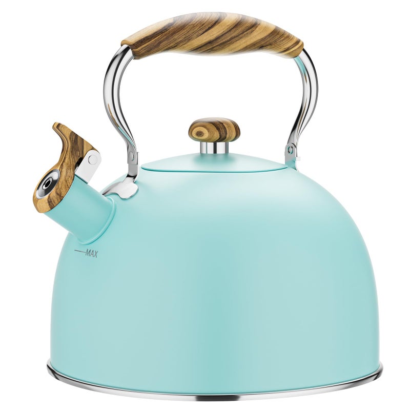 Chefbar 2.6 Quart Tea Kettle Stovetop Whistling for Stove Top, Food Grade Stainless Steel Tea Kettles with Cool Wood Pattern Handle, Blue - Image 1