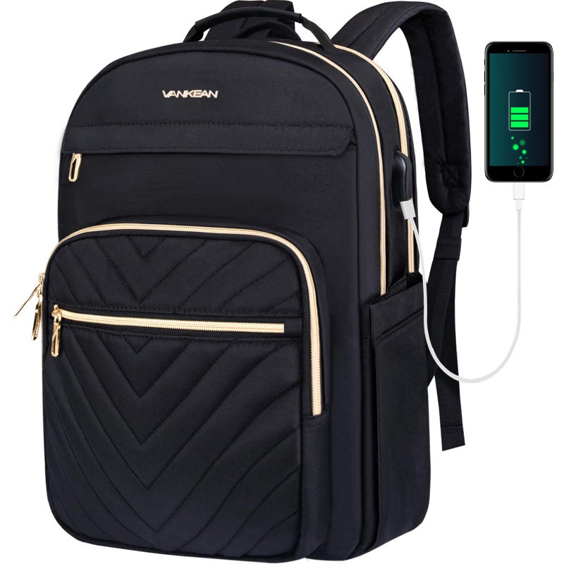 VANKEAN 17.3 Inch Laptop Backpack for Women Men Work Laptop Bag Fashion with USB Port, Waterproof Backpacks Nurse Stylish Travel Bags Casual Daypacks for College, Business, Black - Image 1