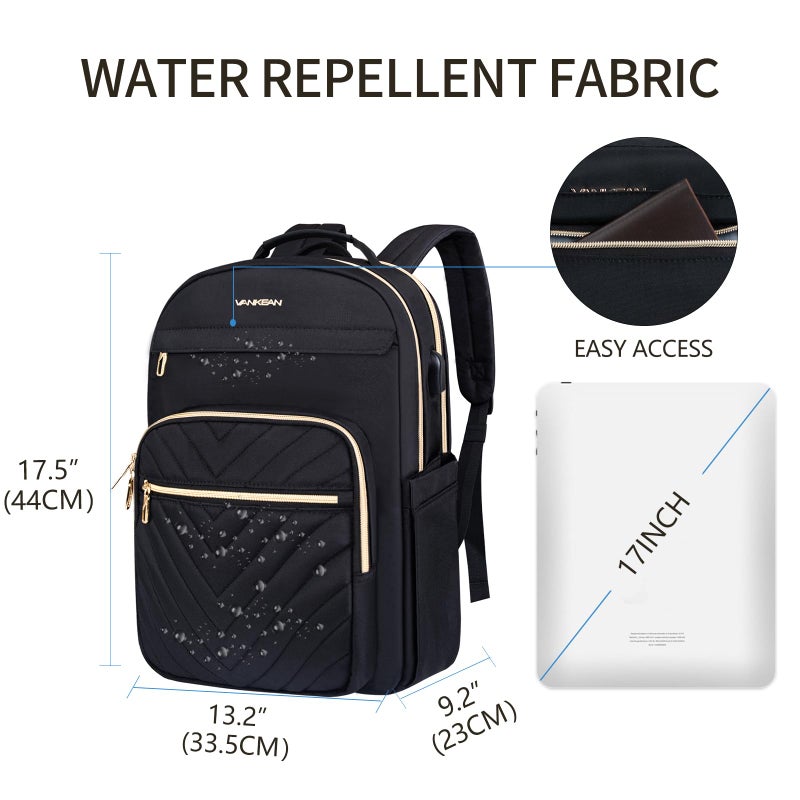 VANKEAN 17.3 Inch Laptop Backpack for Women Men Work Laptop Bag Fashion with USB Port, Waterproof Backpacks Nurse Stylish Travel Bags Casual Daypacks for College, Business, Black - Image 2