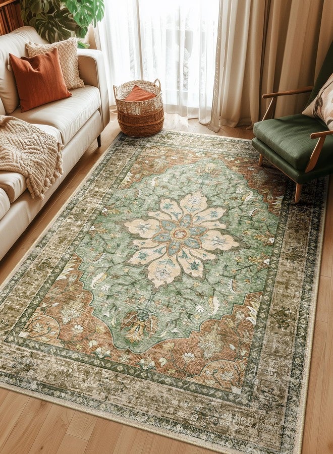 RELEANY Area Rugs 5'x7' Washable Non-Slip, Floral Vintage Distress Print Pattern Medallion Carpet for Living Room Bedroom Dining Room, Brick Red Rust Neutral Brown Burnt Orange Green - Image 2