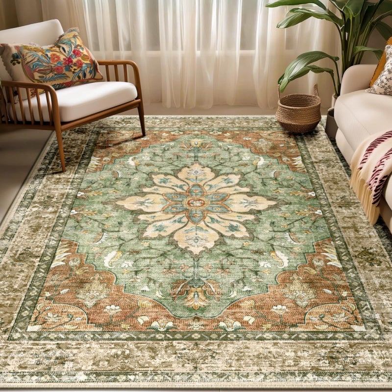 RELEANY Area Rugs 5'x7' Washable Non-Slip, Floral Vintage Distress Print Pattern Medallion Carpet for Living Room Bedroom Dining Room, Brick Red Rust Neutral Brown Burnt Orange Green - Image 1