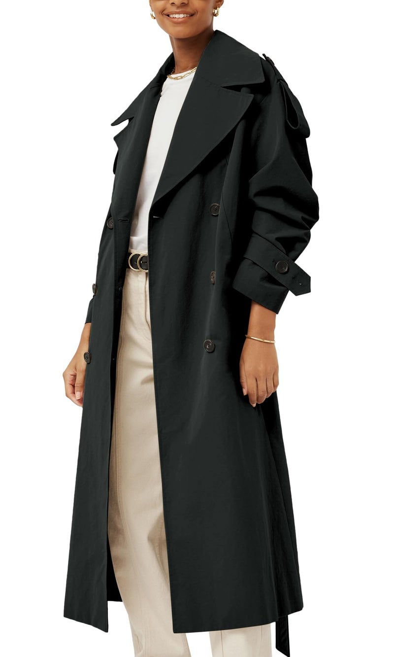 Farktop Womens Oversized Long Trench Coat Double Breasted Lapel Windproof Overcoat with Belt - Image 2