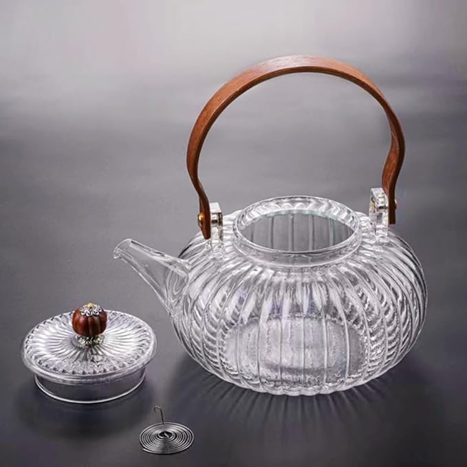 AZLVERA Glass Teapot with Wood Handle and Removable Filter Spout Stovetop Microwave Safe Borosilicate Glass Kettle Lantern Shaped Loose Leaf and Blooming Tea Maker 900ml - Image 2