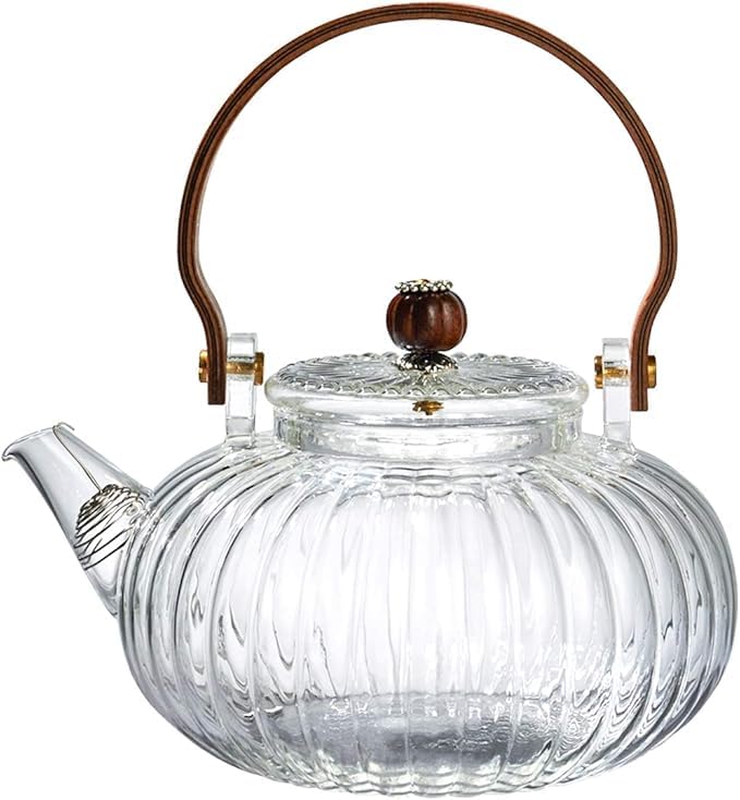 AZLVERA Glass Teapot with Wood Handle and Removable Filter Spout Stovetop Microwave Safe Borosilicate Glass Kettle Lantern Shaped Loose Leaf and Blooming Tea Maker 900ml - Image 1