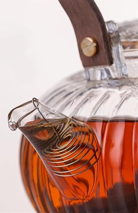 AZLVERA Glass Teapot with Wood Handle and Removable Filter Spout Stovetop Microwave Safe Borosilicate Glass Kettle Lantern Shaped Loose Leaf and Blooming Tea Maker 900ml - Image 4