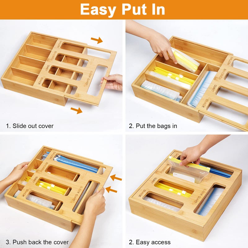 DUJEN Plastic Bag Organizer for Drawer, Bamboo Food Storage Bags Container Organizer with Slider, Baggie Bags Storage for Drawer Compatible with Gallon, Sandwich Variety Size Bags - Image 4
