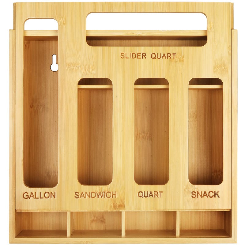 DUJEN Plastic Bag Organizer for Drawer, Bamboo Food Storage Bags Container Organizer with Slider, Baggie Bags Storage for Drawer Compatible with Gallon, Sandwich Variety Size Bags - Image 1
